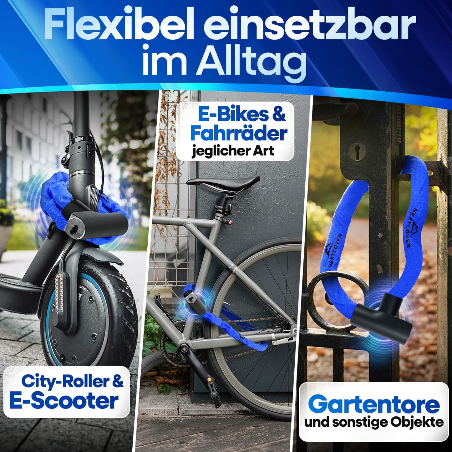 NEXTCOVER® Fietsslot LockOne met sleutel - hoge veiligheid - robuust & duurzaam - 3 sleutels - Blauw