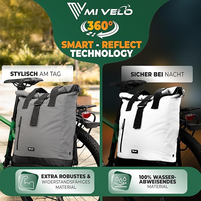 MIVELO - Fietstas Voor Bagagedrager - 22 l Inhoud - Polyester - Reflecterend & Zwart - Met Laptopvak & Schouderband - Voor E-bike & Stadsfiets
