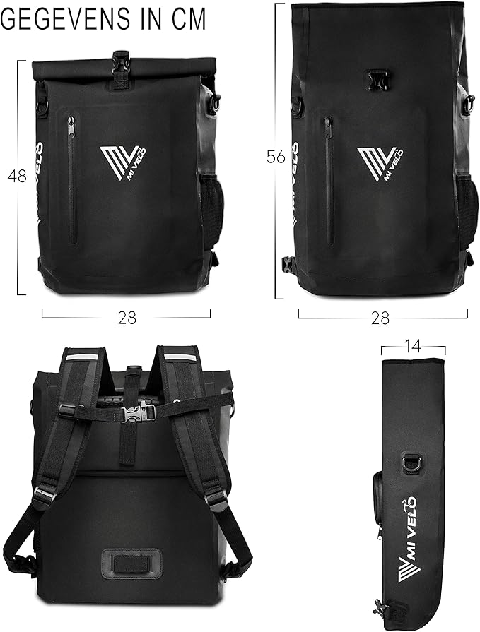 Mivelo 3 in 1 fietstas - fietsrugzak - schoudertas waterdicht 100% PVC-vrij, met laptopvak, bagagedragertas voor alle soorten fietsdragers - Zwart