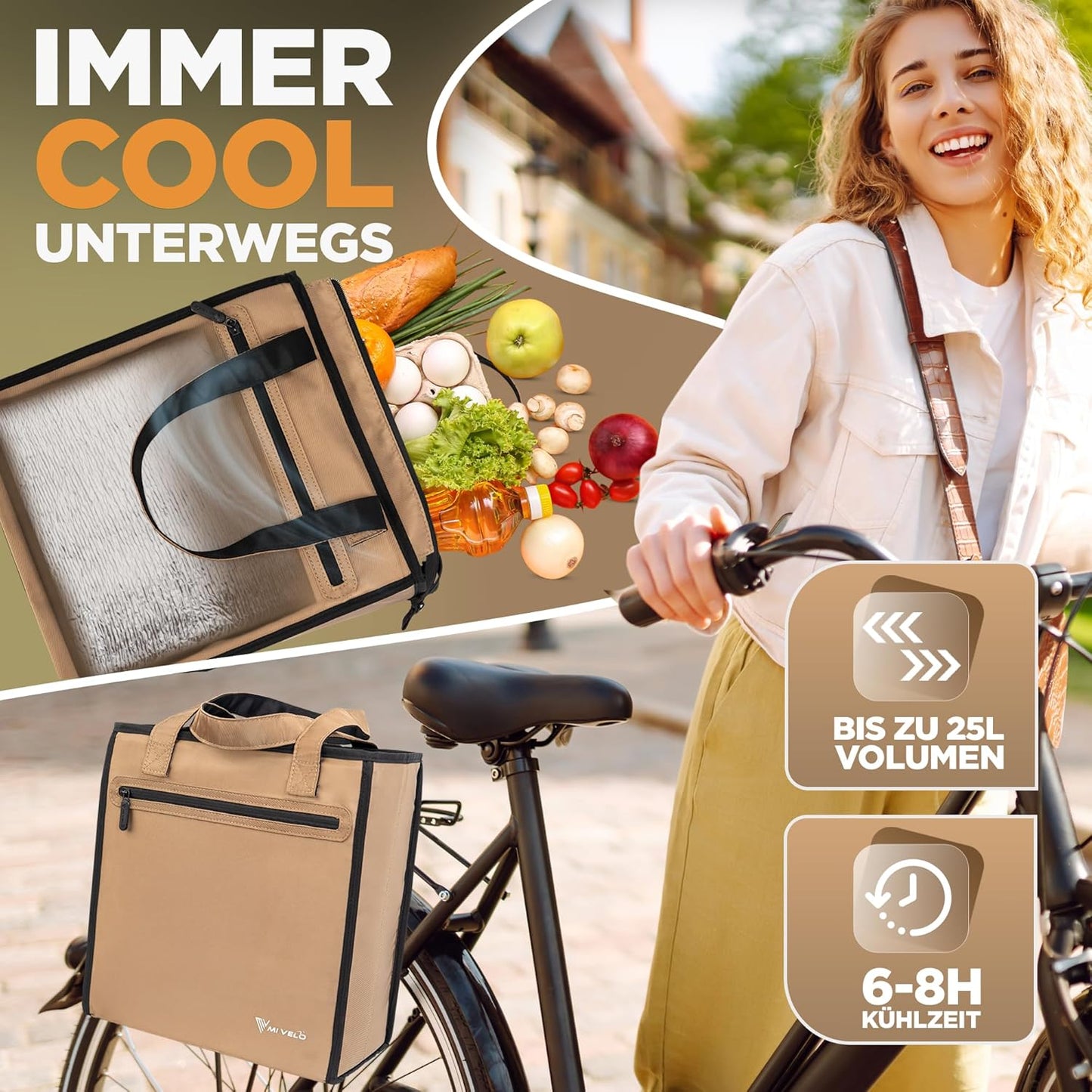 MIVELO - Fietstas Voor Boodschappen - 25 liter Inhoud & Afneembare Koeltas - Polyester - Beige