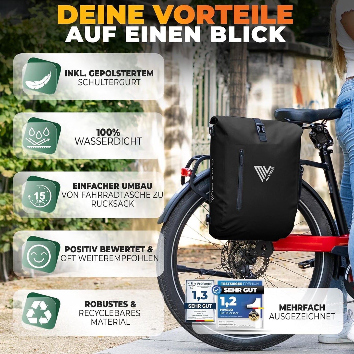 MIVELO 3-in-1 Fietstas – Waterdicht – Rugzak & Schoudertas – Incl. Laptopvak – 20L – Zwart