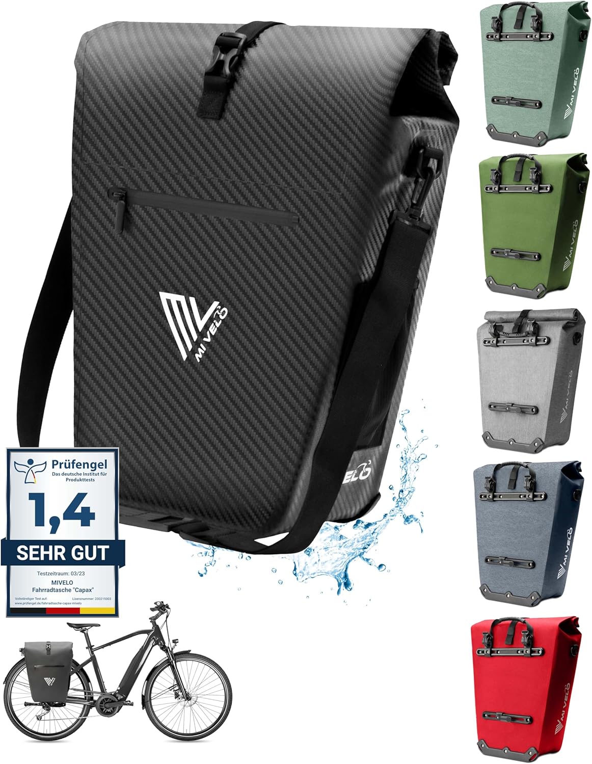MIVELO Fietstas - 100% Waterdicht - Laptopvak - 25L - 43 x 33 x 5 cm - Carbon Kleurig