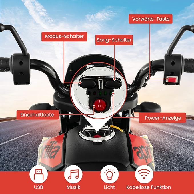 Coast Elektrische Motorfiets 12V voor Kinderen met 2 Zijwielen - 3-8 Jaar - Zwart/Rood
