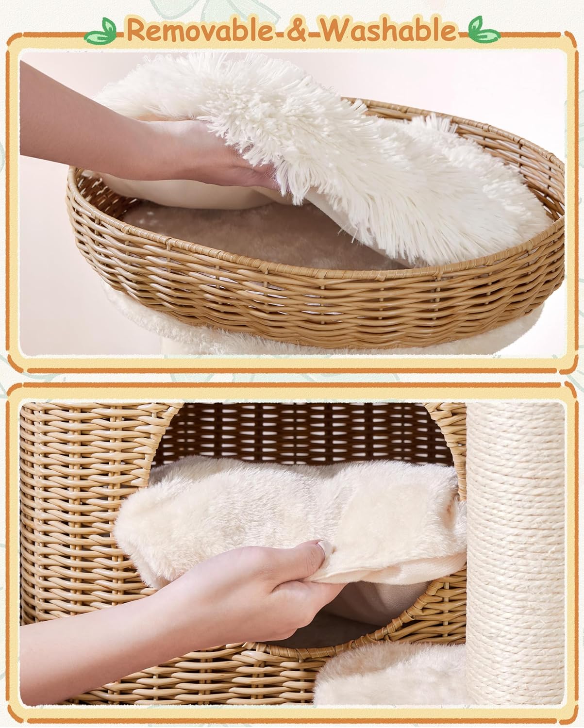 Yaheetech Krabpaal Met Rotan Kattenhuis – 49 x 41 x 91 cm – Voorzien Van Luxe Kattenmand En Sisal Krabpalen En Zachte Uitneembare Matten – Voor Kittens En Volwassen Katten – Beige Rotan En Pluche