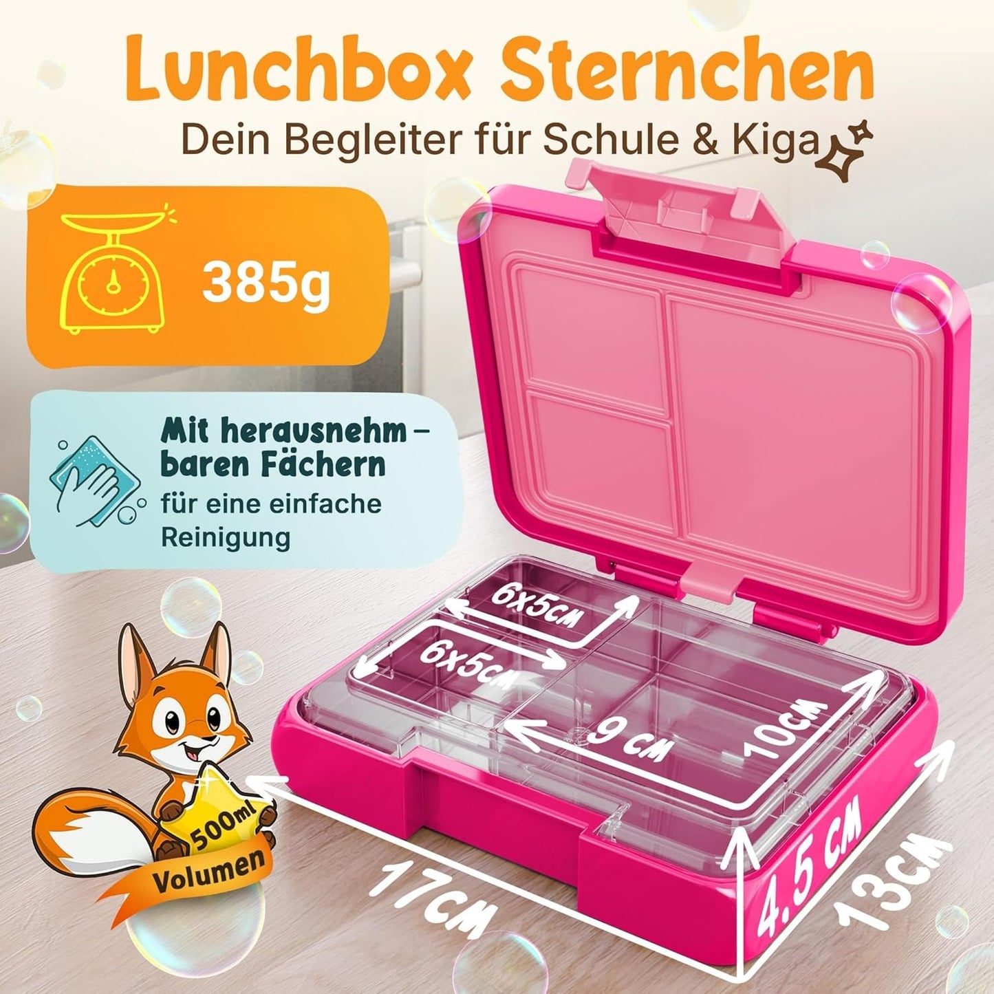Funkelfuchs® Kinder Lunchbox met vakverdeling – 500 ml - Roze – Lekvrije Bento Snackbox & Broodtrommel – Ideaal voor school, crèche & onderweg
