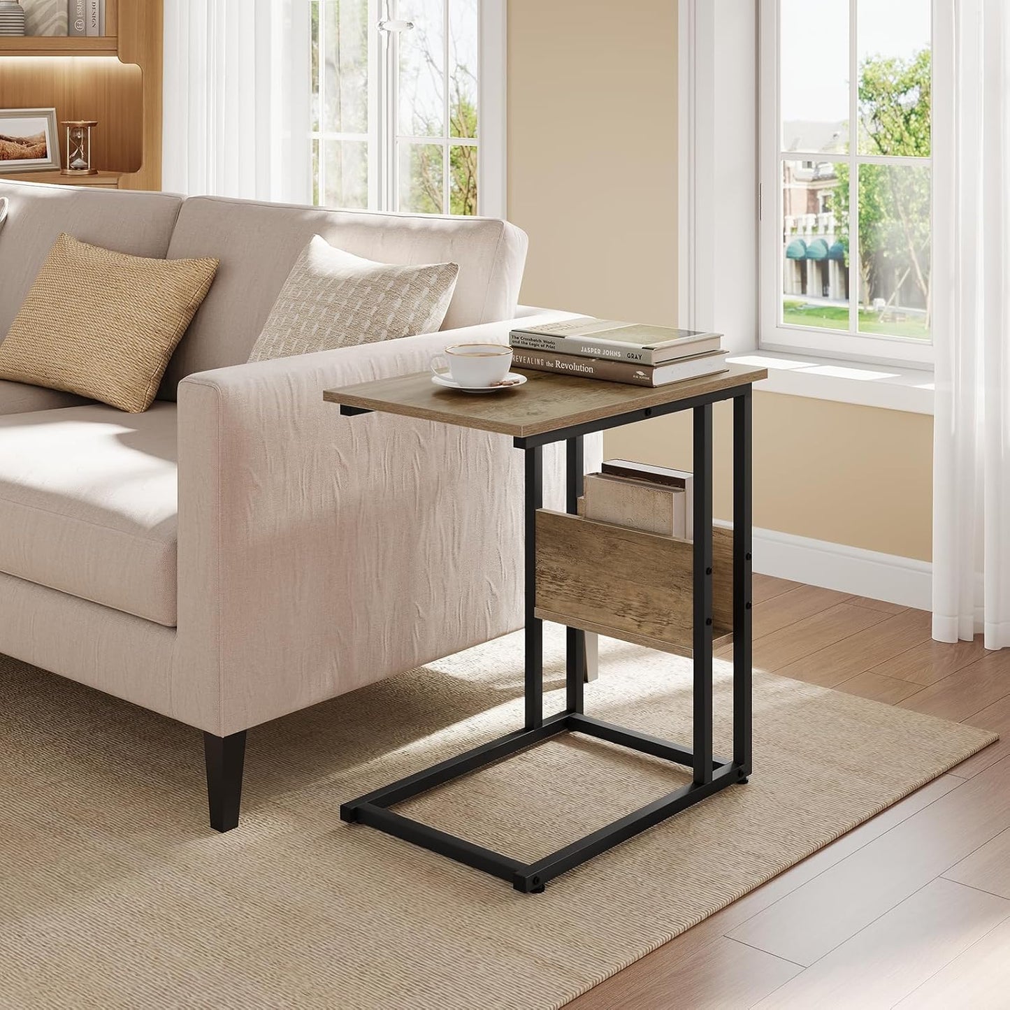 Woltu C-vormige Bijzettafel met Opbergrek - Grijze Houtlook - Metaal - 55 x 36 x 59,5 cm