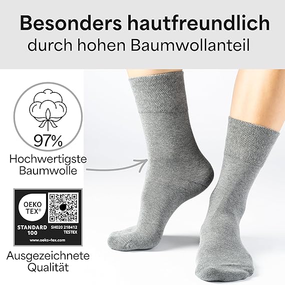 HELDENWERK Diabetische sokken voor heren en dames, 10 paar, diabetici-sokken zonder elastische band en naad van 97% katoen, extra brede gezondheidssokken met comfortabele band- Maat 39-42 - Grijs