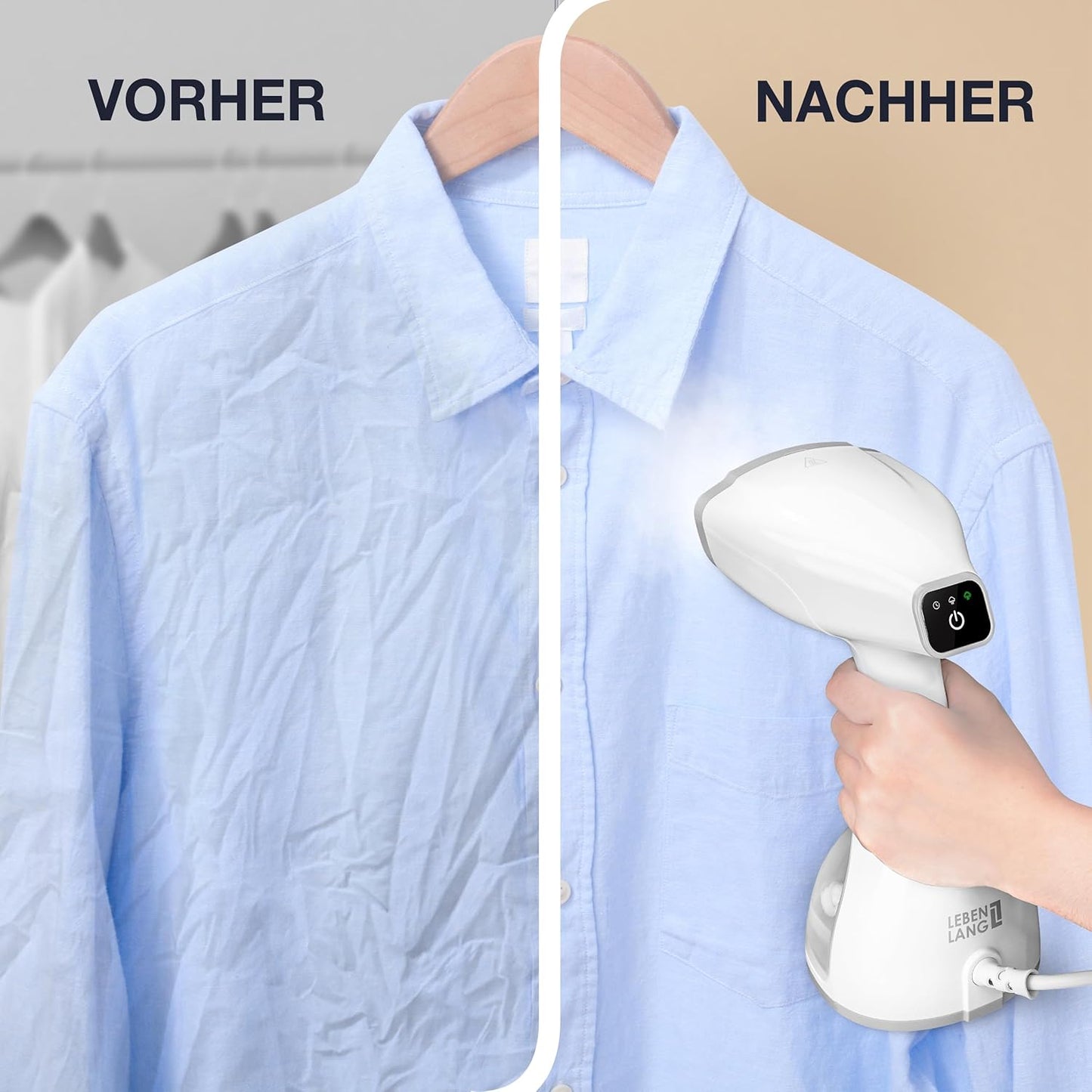 LEBENLANG Stoomstrijkijzer – Handstomer met LCD & 2 Opzetstukken – 1500W – 300 ml – 7 x 4 x 10 cm – Wit