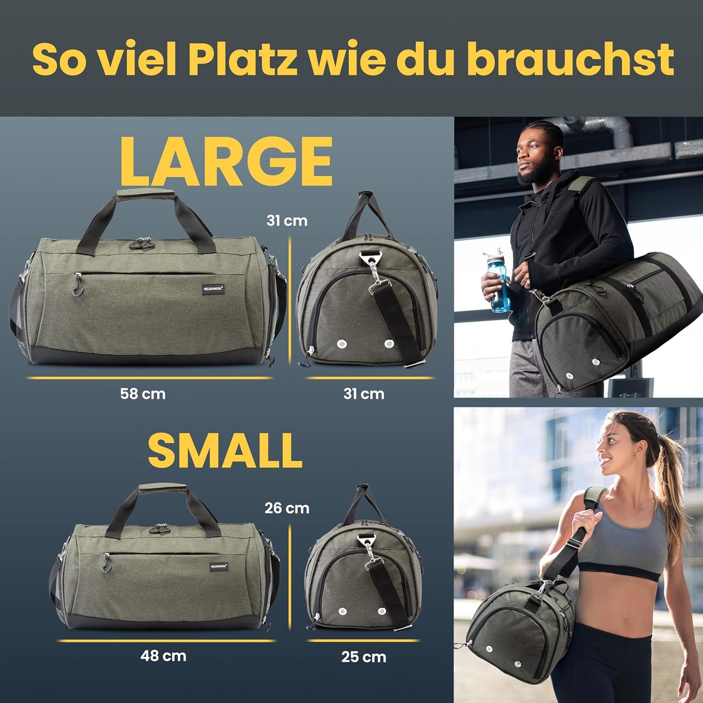 Heldenwerk Sporttas - Schoenvak - 50L - 58x31x31cm - Groen