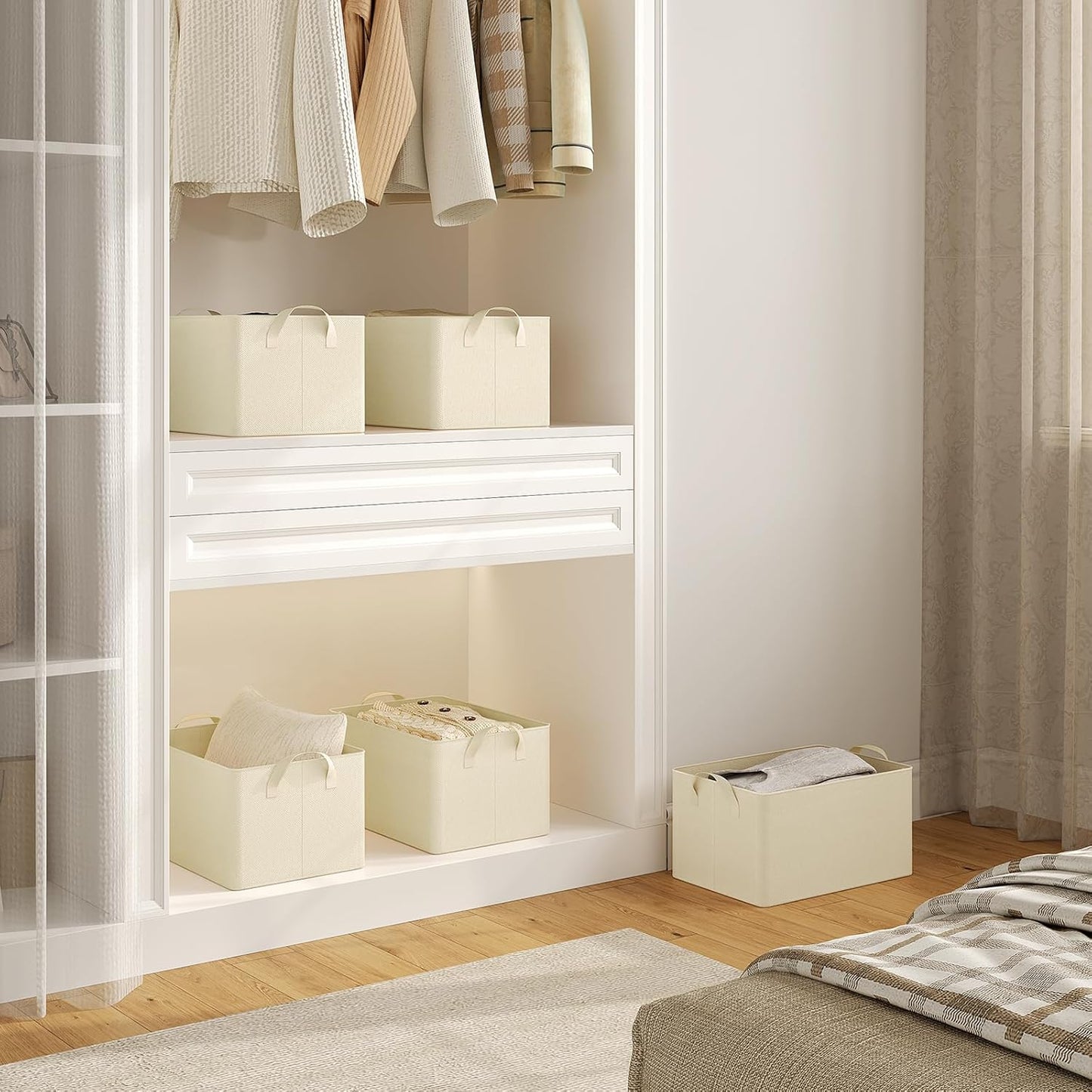 Woltu Opvouwbare Opbergdozen Set van 5 - Stof Opbergkubussen met Handgrepen - Stapelbare Opbergboxen voor Kleding en Speelgoed - Crme - 37,5 x 20 x 26 cm