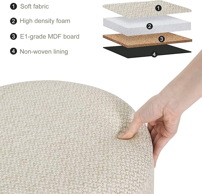 WOLTU opberg poef - ronde voetenbank met deksel - linnen crème wit - 39 x 33 cm - houten poten