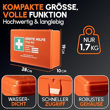 Eerste hulp doos volgens nieuwe DIN 13157:2021 incl. wandhouder en stickers | universele EHBO-koffer voor bedrijf, huishouden of horeca - kantoorverbanddoos gevuld, sanitaire doos