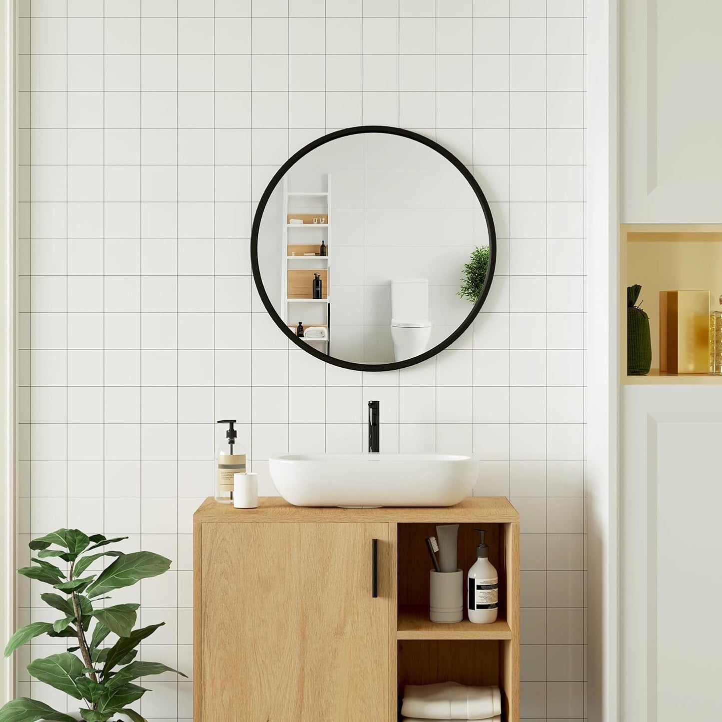 Woltu Ronde Wandspiegel Ø 50 cm - Zwart Metalen Frame - Moderne Decoratieve Spiegel voor Badkamer, Slaapkamer, Hal en Woonkamer