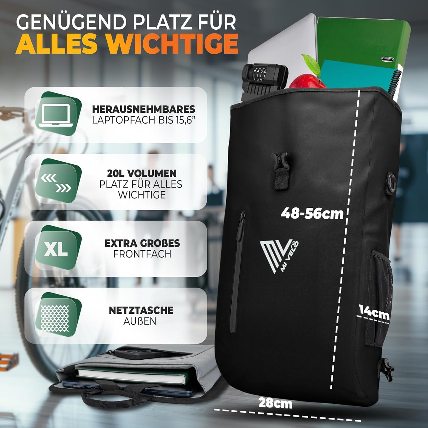 MIVELO 3-in-1 Fietstas – Waterdicht – Rugzak & Schoudertas – Incl. Laptopvak – 20L – Zwart