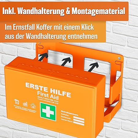 HELDENWERK Eerste hulp doos versie 2026 [DIN 13157:2021] incl. wandhouder & 5 x stickers | EHBO-koffer voor kantoor, huishouden en horeca - bedrijf verbanddoos gevuld, saniteitskast
