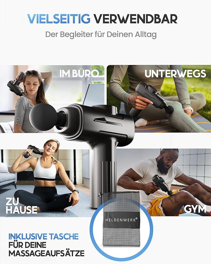 Heldenwerk Massagepistool met 6 Massagekoppen – Spiermassageapparaat 3200 rpm, USB-C Oplaadbaar - Grijs