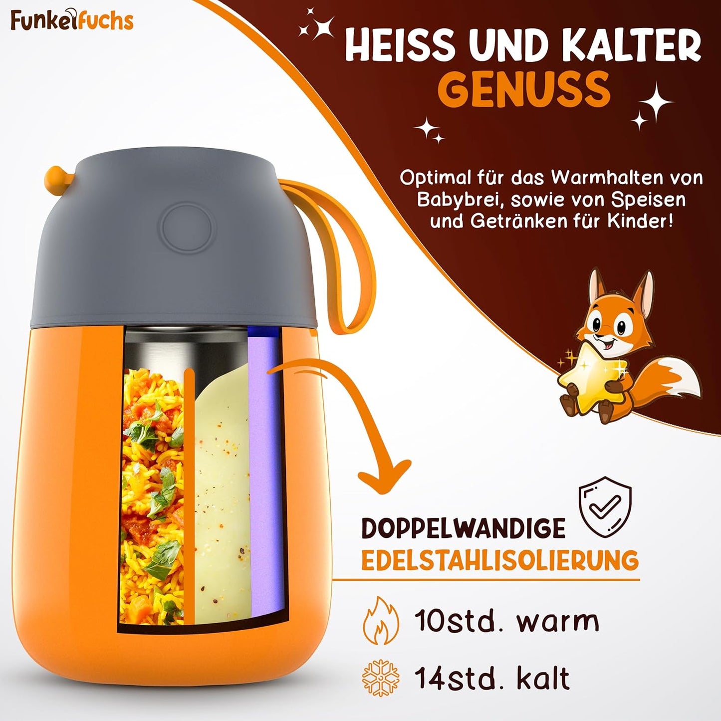 Funkelfuchs thermoskan voor Kinderen - 100% Lekvrij - 500ml - Oranje