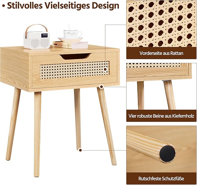 Yaheetech Nachtkastje met Rotan Lade – Lichtbruin – 48,5 x 41 x 57,5 cm – Houten Poten