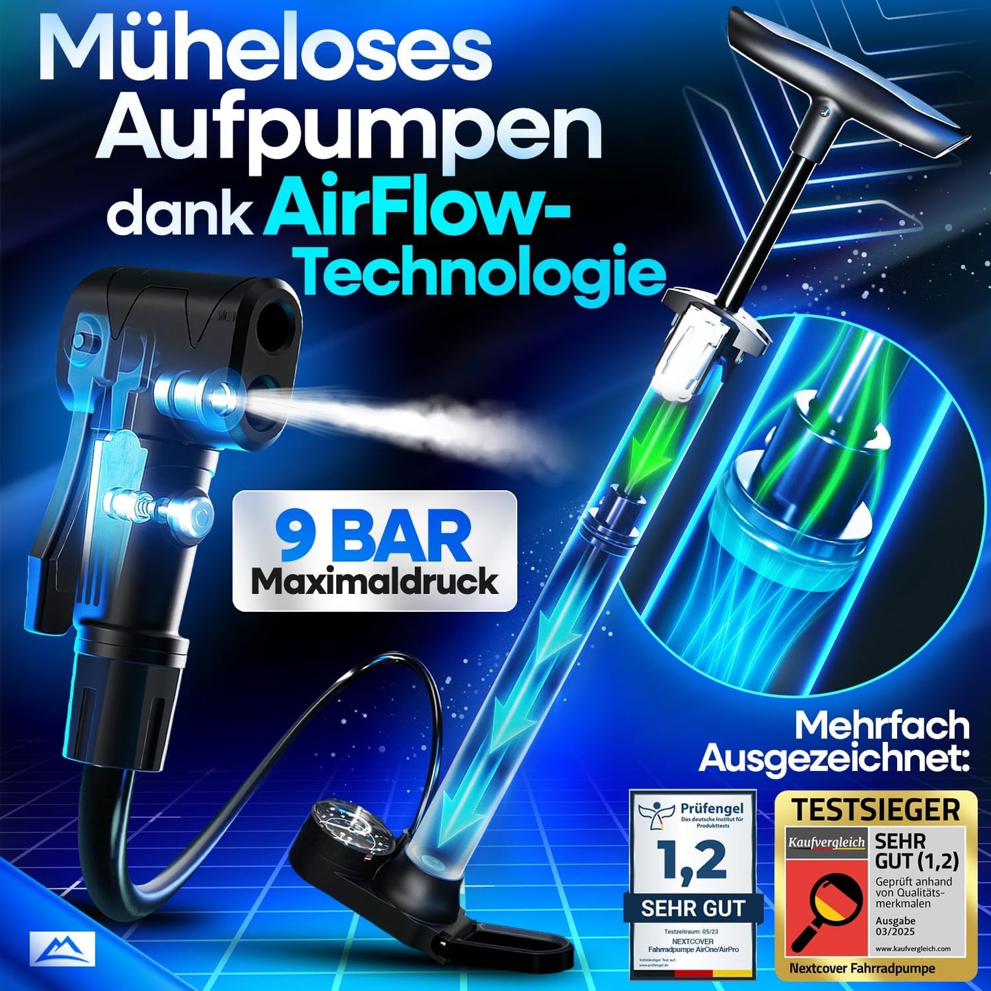 NEXTCOVER® fietspomp Alle ventielen met [Airflow-technologie] I Pomp voor autoventiel, Presta ventiel & Dunlop ventiel I Vloerpomp fiets met manometer I Luchtpomp fiets