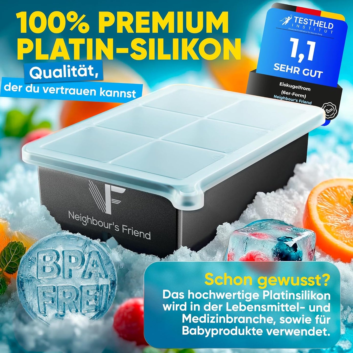 Neighbour's Friend - Gepatenteerde XXL ijsblokjesvorm Platinum - ronde grote ijsblokjesvorm voor cocktails, gin & dranken - 6 ijsballen + 6 klassieke ijsblokjes