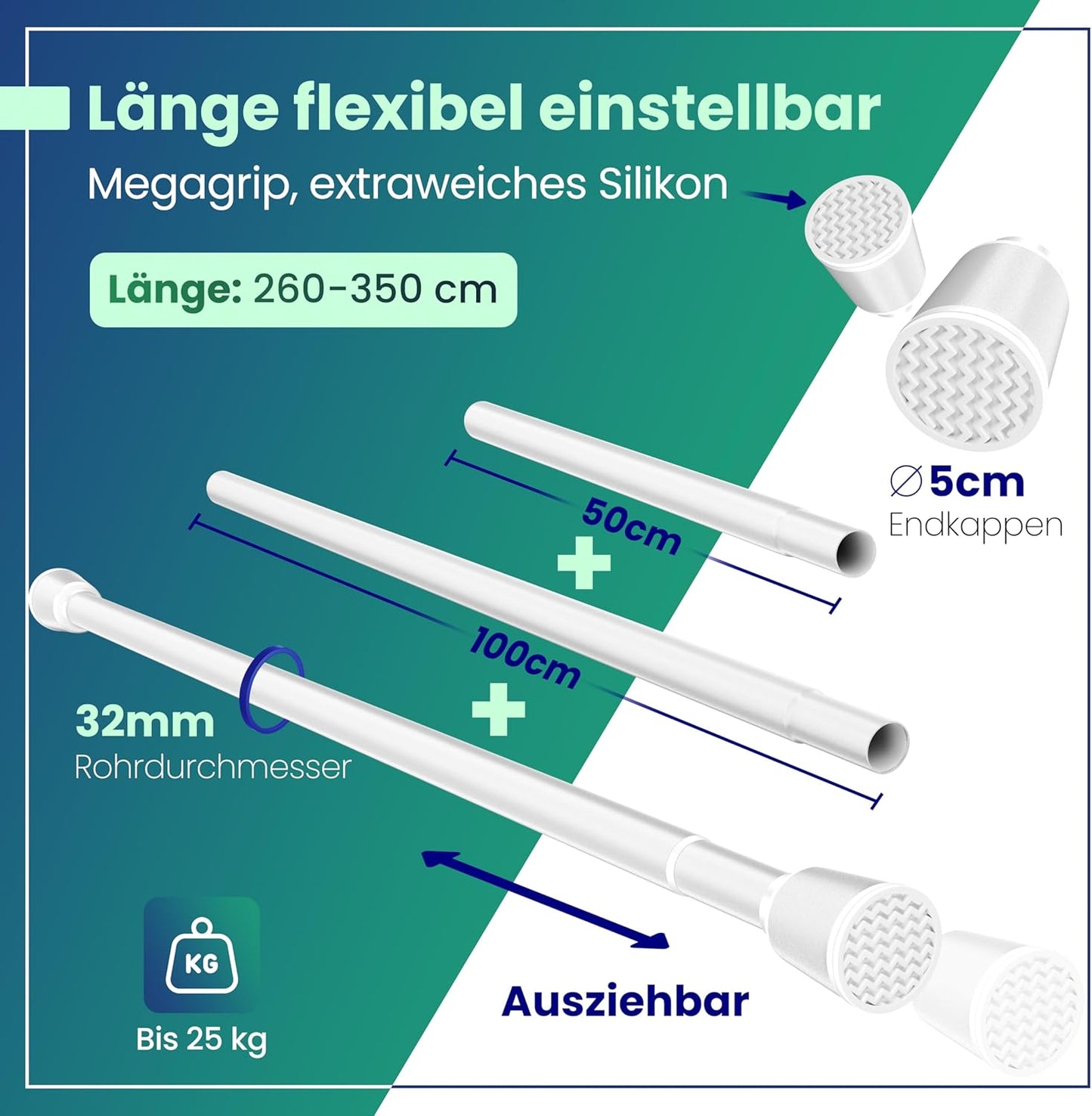 LOBUX Gordijnstang - Zonder Boren - Telescopisch - 260 - 350 cm - Wit
