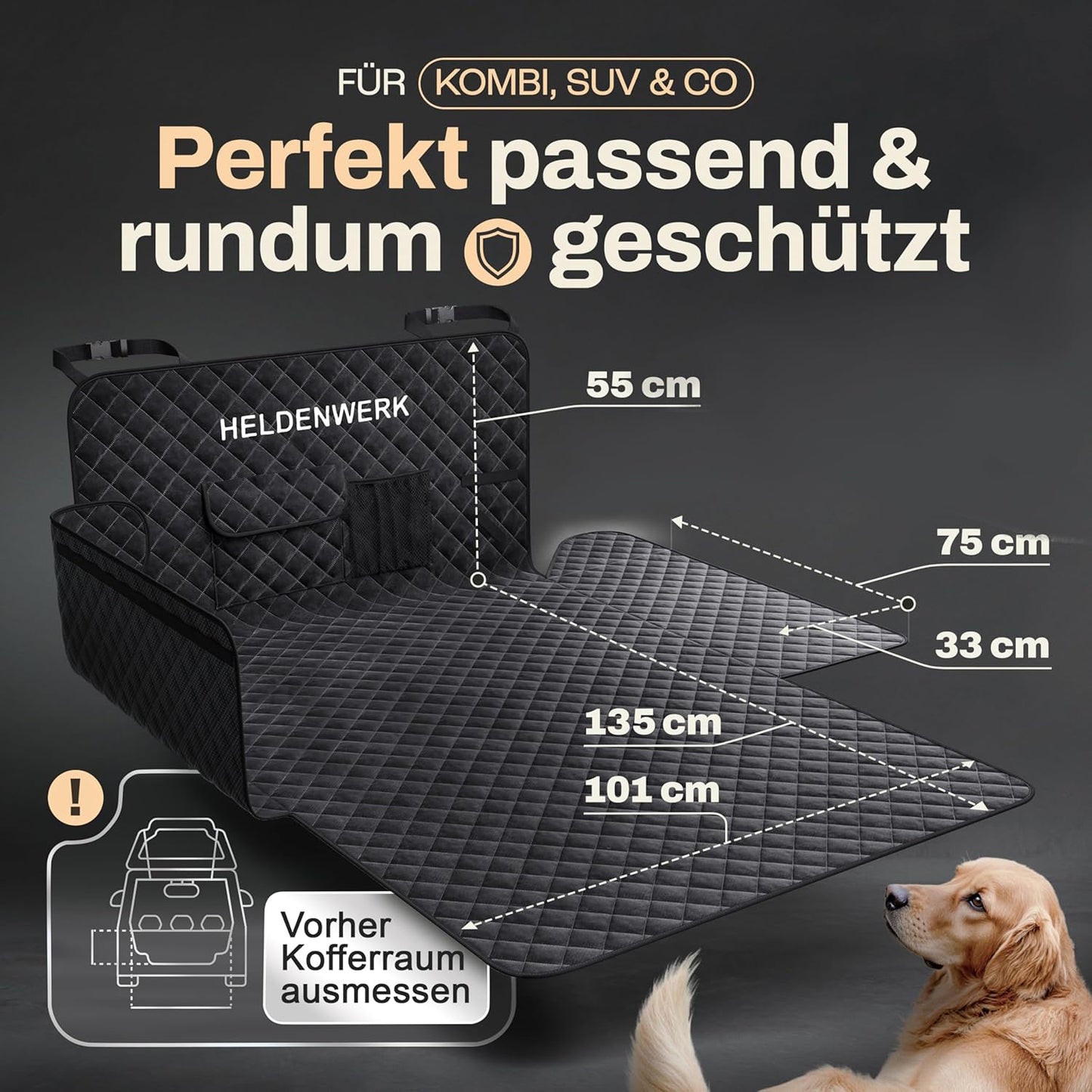 HELDENWERK Kofferbakbescherming voor Honden – Waterdicht & Krasbestendig – Met Zij- en Bumperbescherming – Universele Pasvorm – Premium Gewatteerd – Zwart