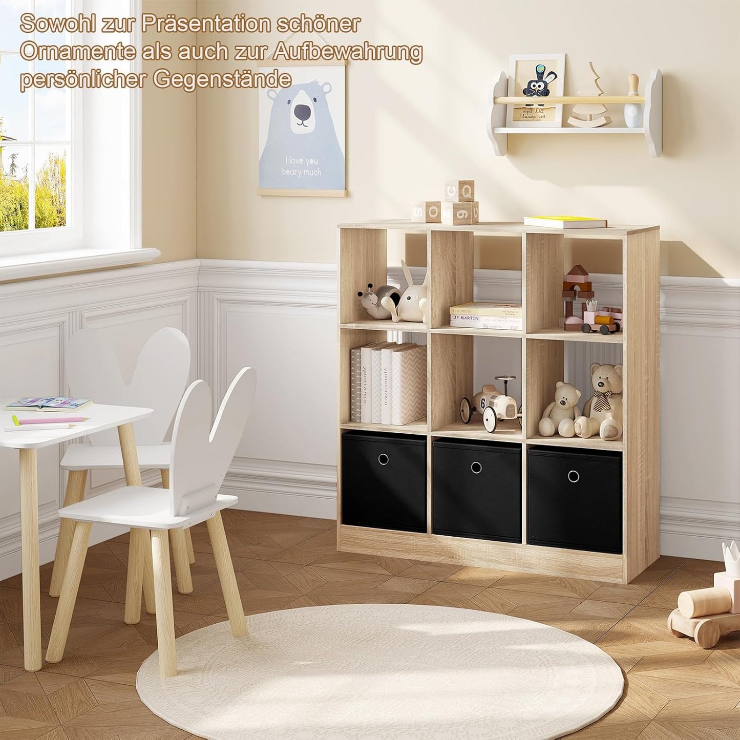 Woltu Boekenkast 9 Vakken met 3 Stoffen Lades - Melaminehout Licht Eiken - 80x30x86,5 cm