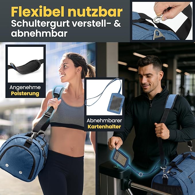 Heldenwerk Sporttas met schoenenvak en nat vak, trainingstas voor dames en heren, ideaal als reistas, fitnesstas, trainingstas of sporttas, Donkerblauw, Sporttas met schouderriem