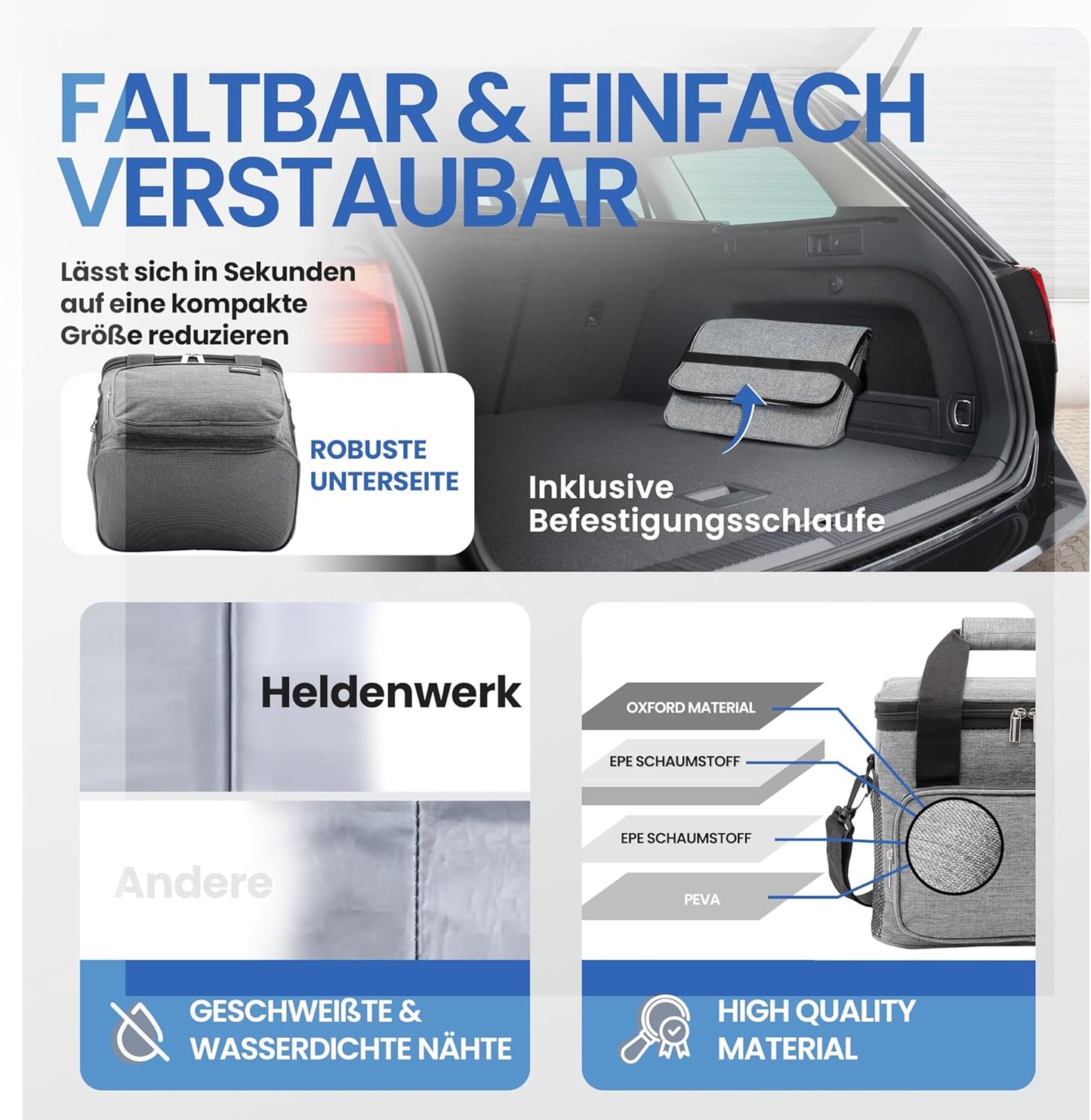 HELDENWERK Koeltas Klein & Opvouwbaar – 10 Liter Thermische Lunchtas – Geïsoleerd, Waterdicht & Lekvrij – Koeltas - Brunch- en Lunchtas – Lichtgrijs