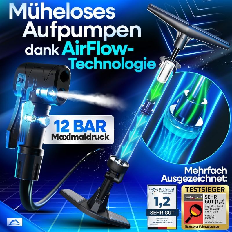 NEXTCOVER® fietspomp Alle ventielen - Airflow-technologie - Pomp voor autoventiel - manometer - Luchtpomp fiets