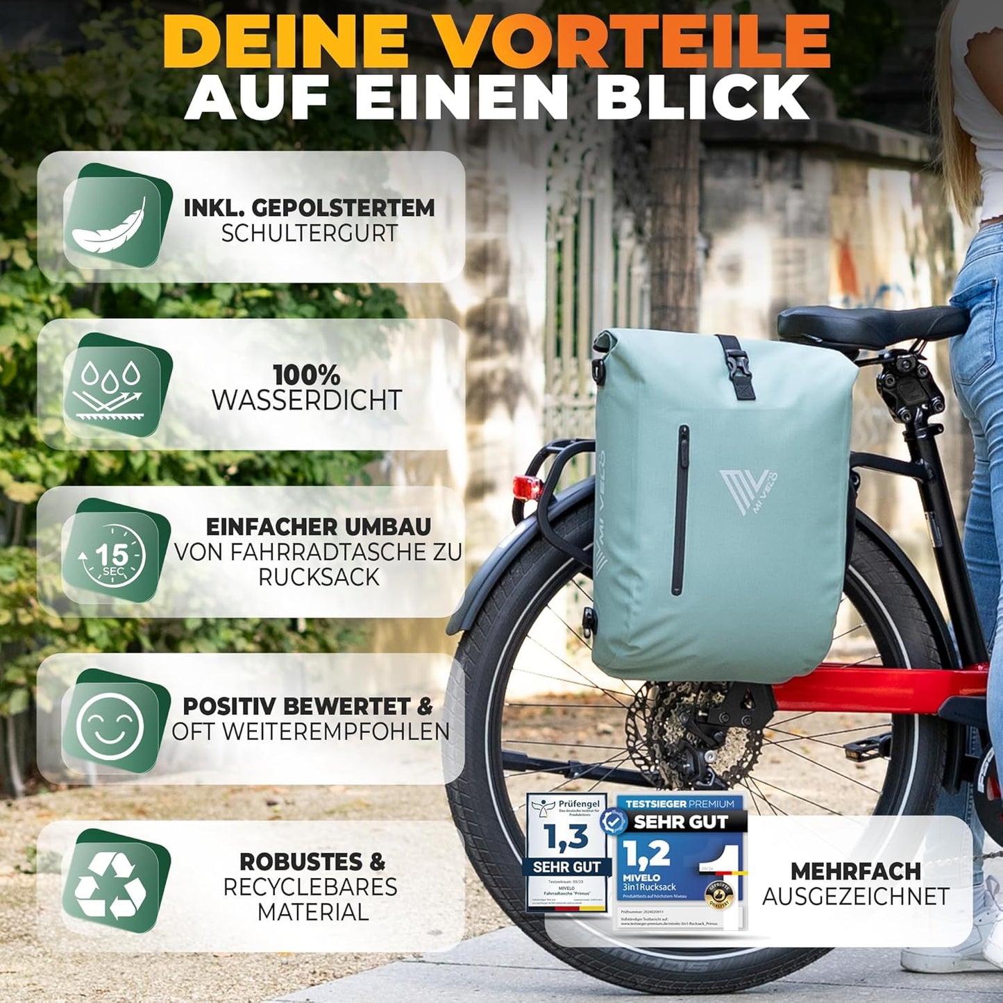 MIVELO - 3-in-1 Waterdichte Fietstas met Laptopvak - PVC-vrij - Mint - 20L