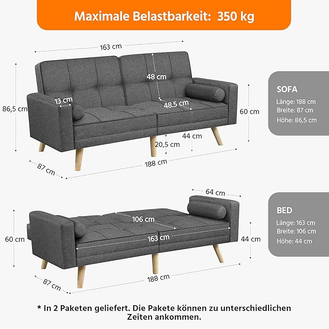 Yaheetech Slaapbank Donkergrijs – 3-in-1 Vouwbank met Verstelbare Rugleuning – Ligoppervlak 163 x 106 cm