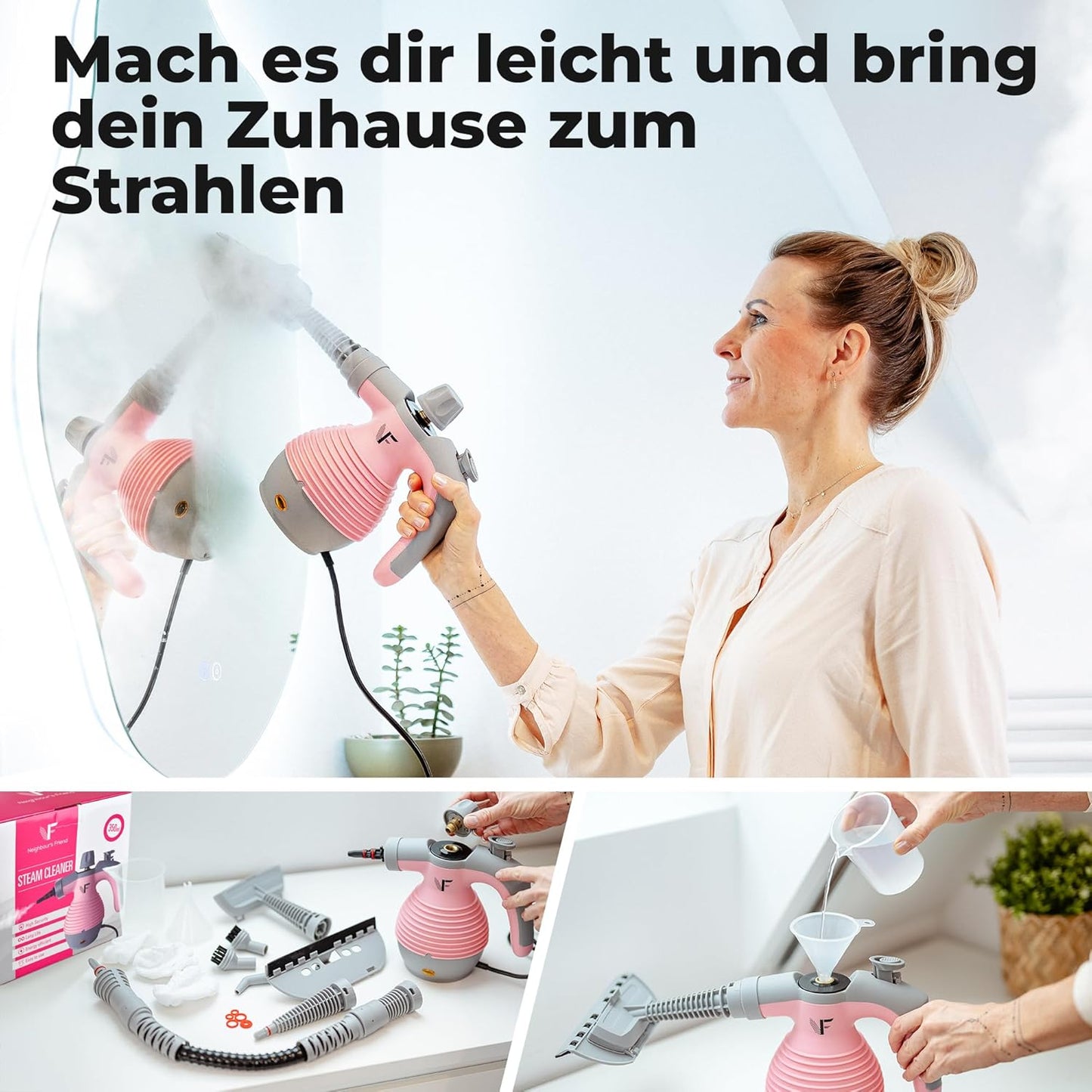 Neighbour's Friend Handdampfreiniger Rosa – Krachtige stoomreiniger met 350ml tank, stoomregulering & accessoires voor huis, ramen, meubels & meer