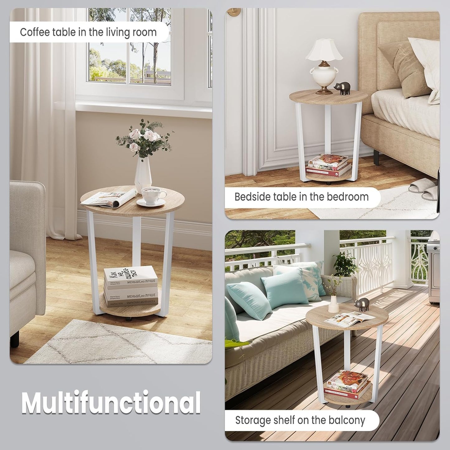 Woltu ronde salontafel - 50x50x53 cm - licht eiken – bijzettafel met 2 legplanken en opbergruimte