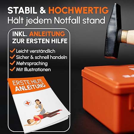 Eerste hulp doos volgens nieuwe DIN 13157:2021 incl. wandhouder en stickers | universele EHBO-koffer voor bedrijf, huishouden of horeca - kantoorverbanddoos gevuld, sanitaire doos