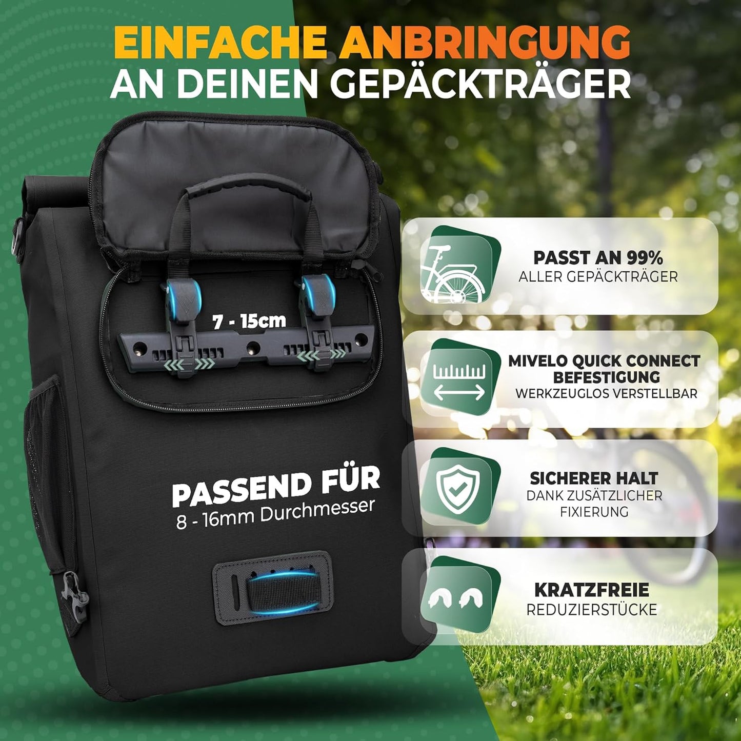 MIVELO 3-in-1 Fietstas – Waterdicht – Rugzak & Schoudertas – Incl. Laptopvak – 20L – Zwart