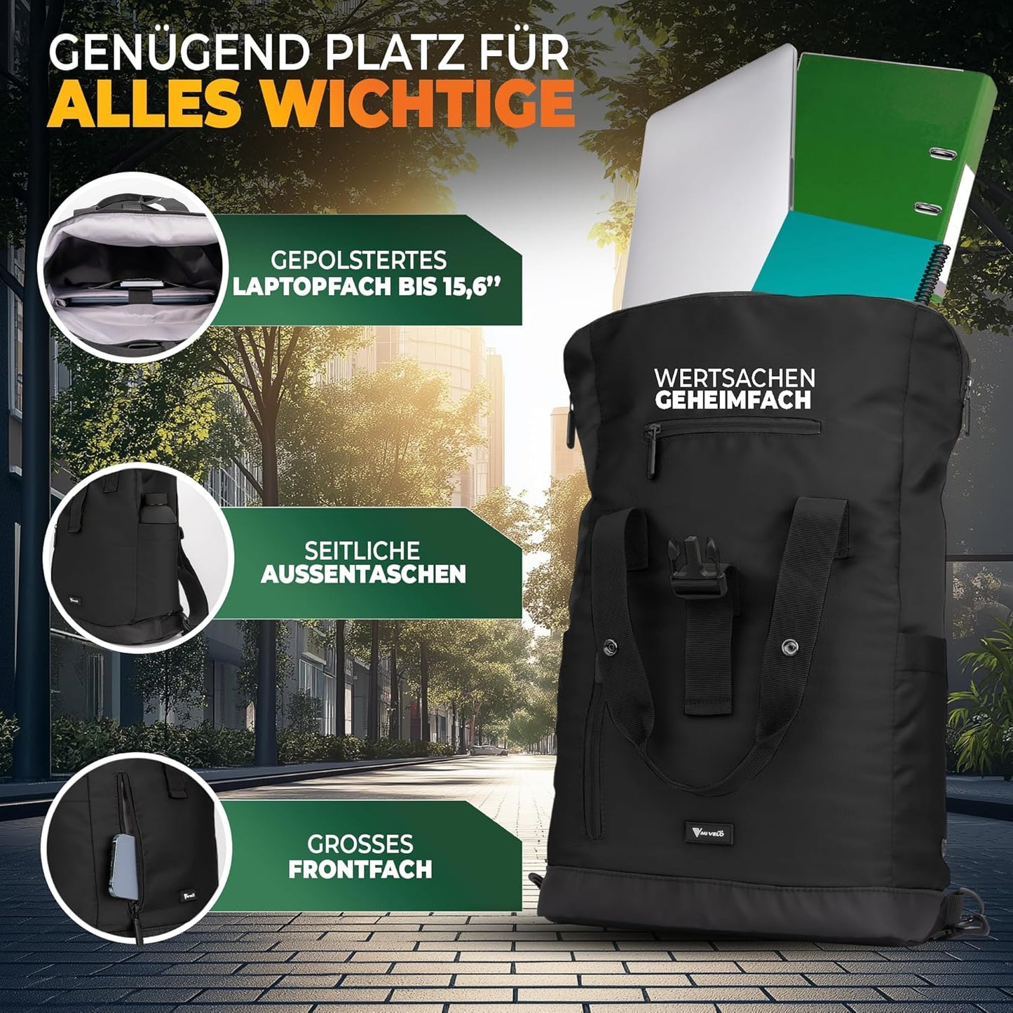 MIVELO - Fietsrugzak met Opvouwbaar Ruggedeelte - Waterafstotend - Zwart - 50 x 28 x 14 cm - Hoogwaardig Polyester