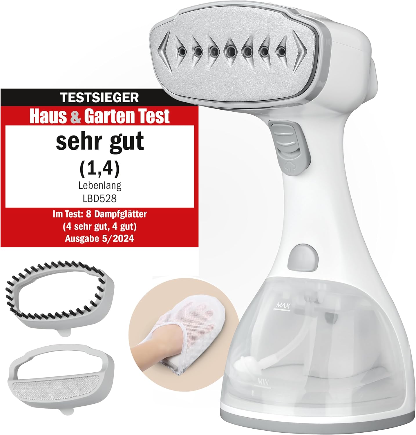 LEBENLANG Stoomstrijkijzer – Handstomer met LCD & 2 Opzetstukken – 1500W – 300 ml – 7 x 4 x 10 cm – Wit