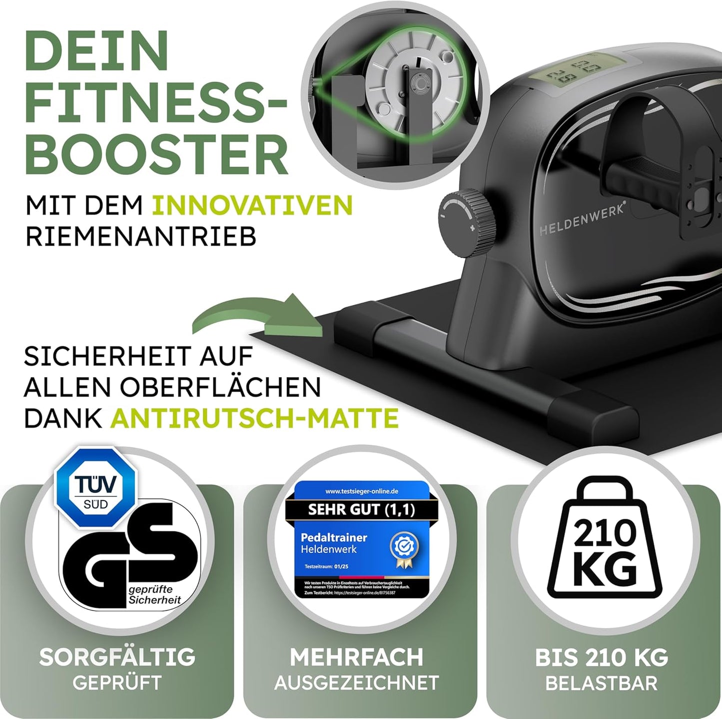 Heldenwerk Stoelfiets voor Armen en Benen – Compacte Mini Hometrainer voor Thuis – Met Weerstand en Trainingsdisplay – Inclusief Antislipmat en Bevestigingsriem – Zwart – 40 x 35 x 30 cm