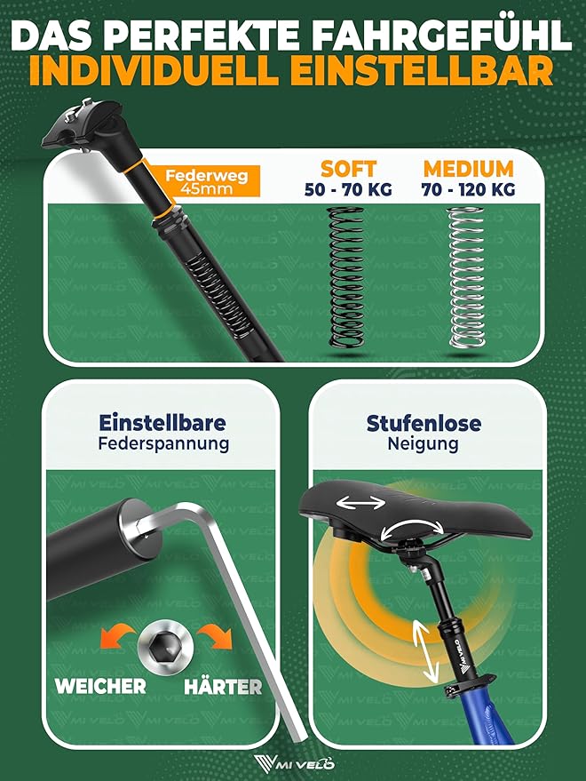MIVELO Verende Zadelpen – Instelbaar – Max. 120 kg – Ø30,9 mm – Zwart