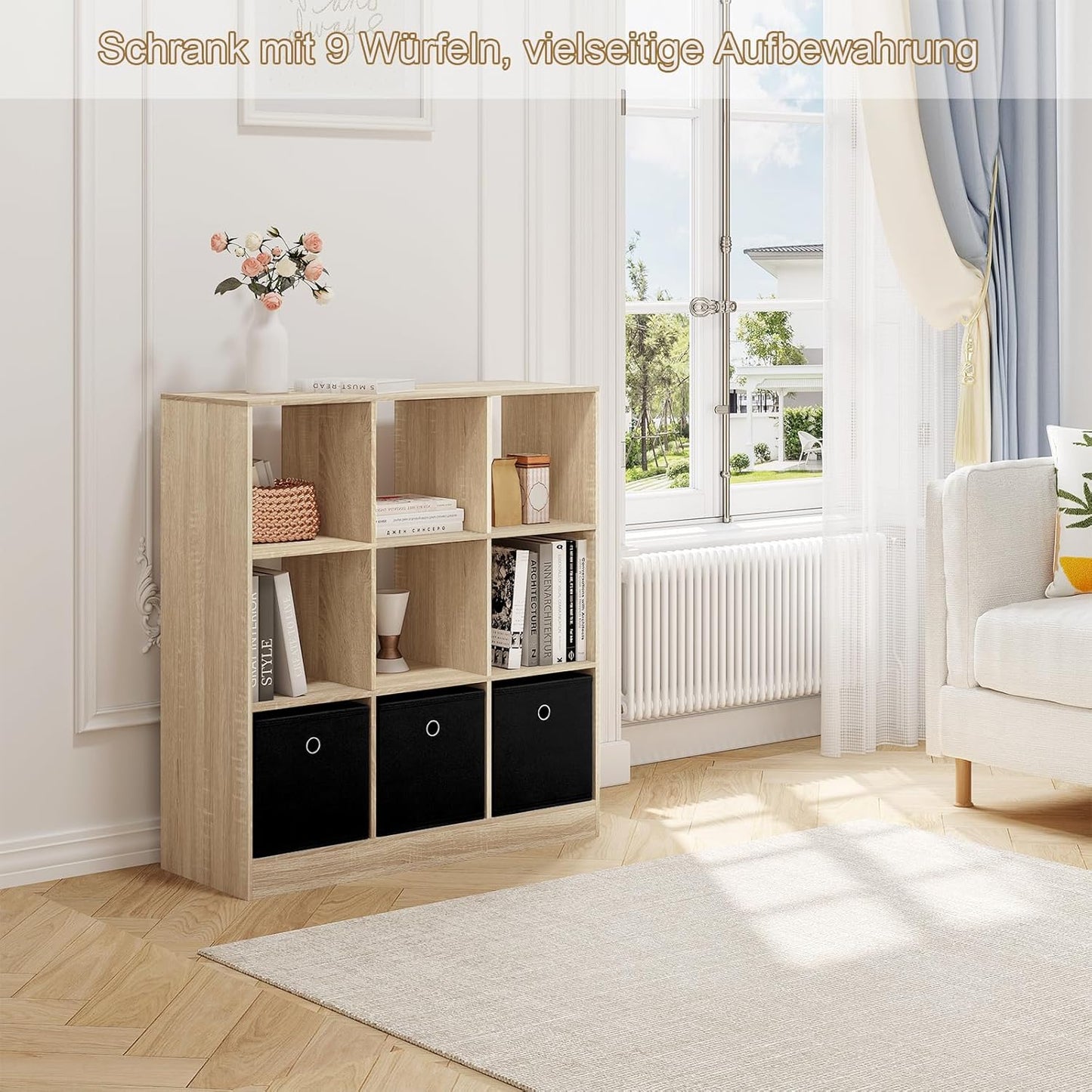 Woltu Boekenkast 9 Vakken met 3 Stoffen Lades - Melaminehout Licht Eiken - 80x30x86,5 cm