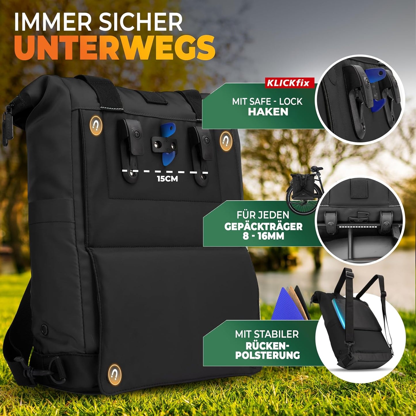 MIVELO - Fietsrugzak met Opvouwbaar Ruggedeelte - Waterafstotend - Zwart - 50 x 28 x 14 cm - Hoogwaardig Polyester