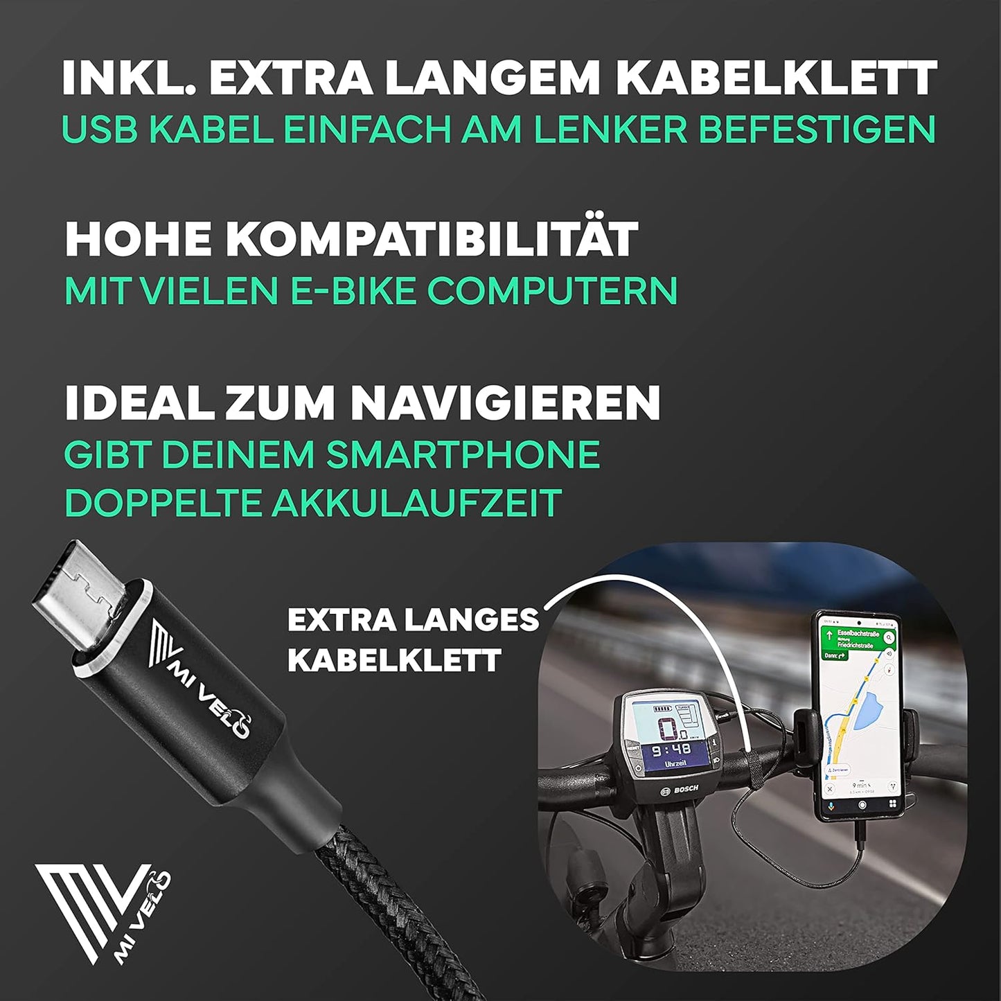 MIVELO E-bike Oplaadkabel voor Bosch Display – 35 cm OTG Kabel voor iPhone (Lightning), USB-C & Micro-USB – Geschikt voor Intuvia, Kiox (niet 300), Nyon (oud model)