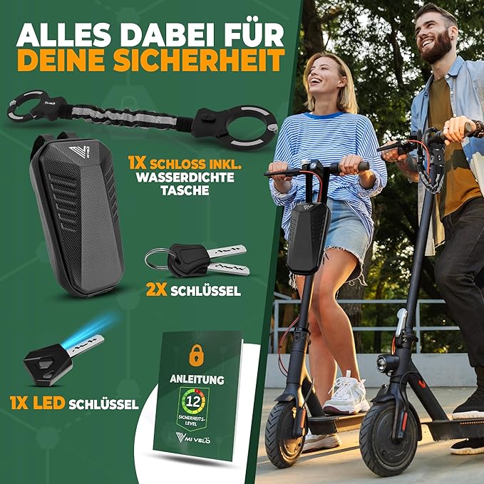 MIVELO E-Step & Fietsslot – Handboei-Kettingslot – Security Level 10/12 – Incl. Draagtas – Carbonstaal – Zwart – 30 x 4 x 4 cm