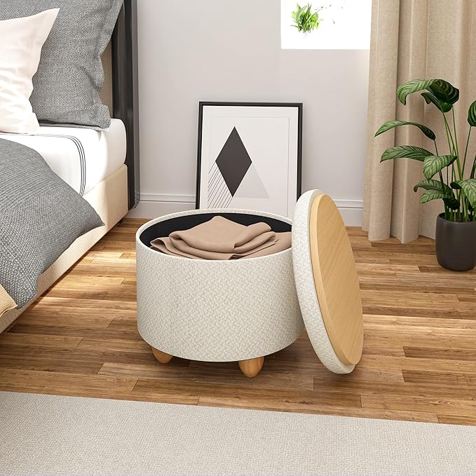 WOLTU opberg poef - ronde voetenbank met deksel - linnen crème wit - 39 x 33 cm - houten poten