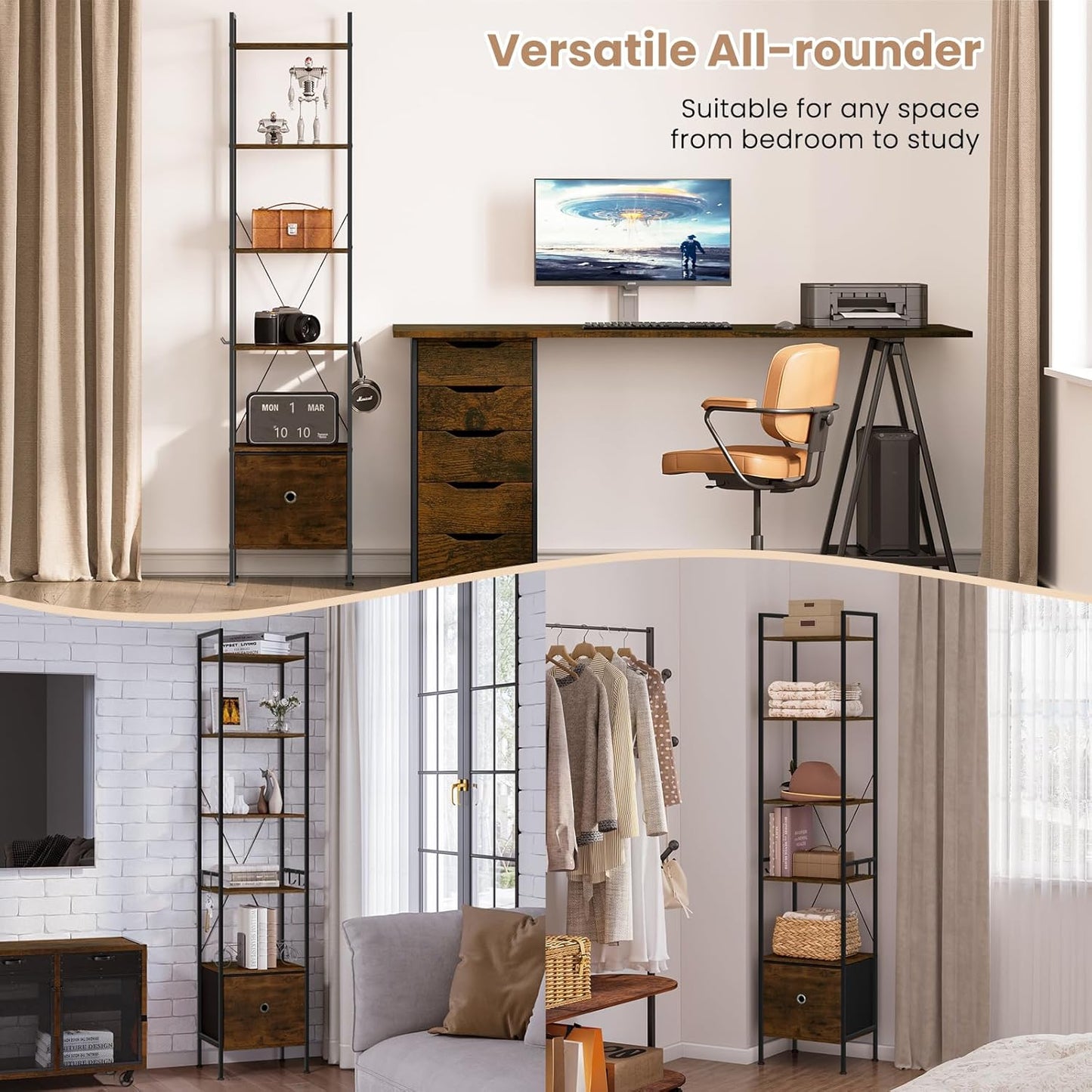 Woltu Boekenkast met 5 Planken en 1 Lade - Metaal/Rustiek Bruin en Zwart - 40 x 30 x 187 cm