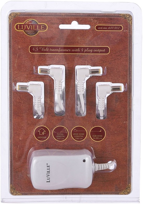 Luville Kerstdorp Switch Adapter 4,5 Volt met 4 Plugs - Kerstversiering voor Binnen - Kerst Decoratie Miniatuurwereld - Vervangt Batterijkastje - 7 x 4 x 5 cm - Wit