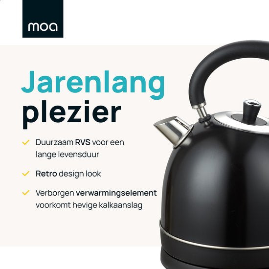 MOA Waterkoker Retro - 1,8 Liter - Elektrische Waterkoker - BPA-vrij - Anti Calcium Filter - RVS - 2200W- Zwart
