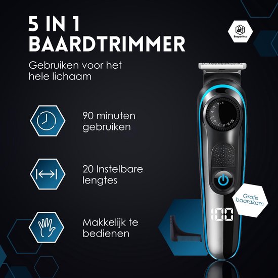 5-in-1 Baardtrimmer Mannen - 5 Verwisselbare Opzetstukken - Trimmer Baard en Lichaam - Bodygroomer - Neus en Oortrimmer