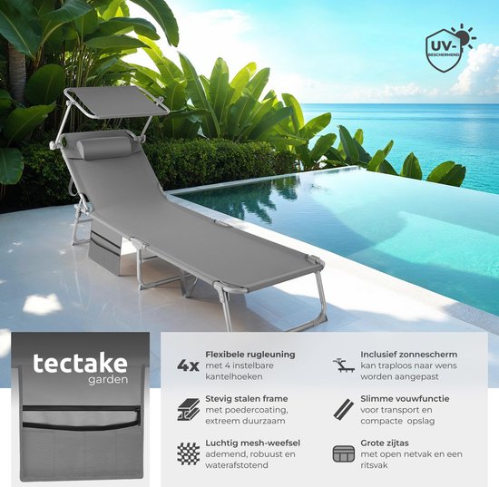 tectake® - ligbed Zonnestoel ligstoel - 4 standen , inklapbaar – grijs - 68 x 190 x 28 cm, met zijvak
